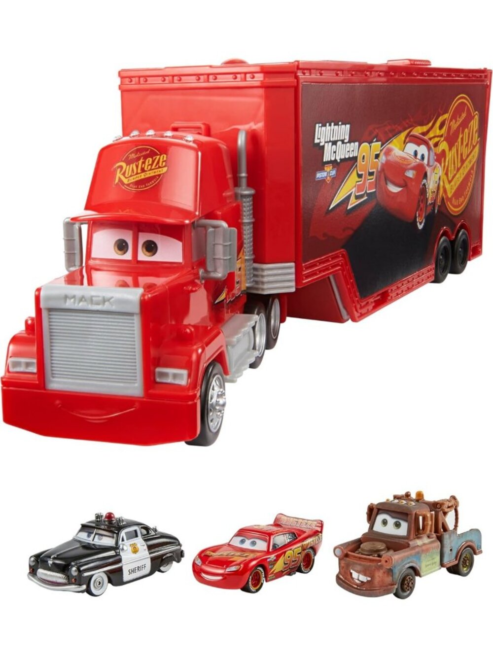 Transforming Mack Playset & 3 Toy Cars - 2-in-1 Hauler & Tune-Up Station